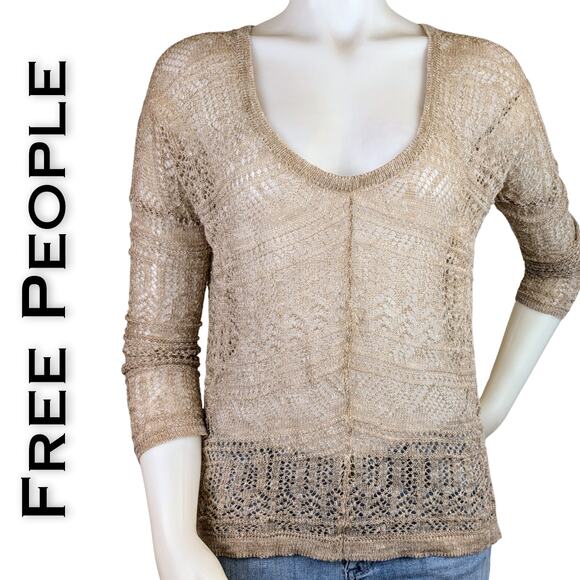 Free People Taupe Sheer Open Knit Oversized Sweater High Deep V-Neck Size XS - Picture 1 of 10